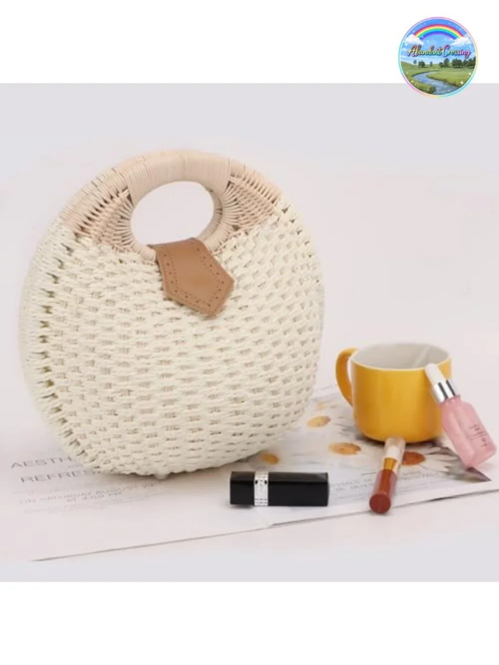 Handmade Woven Rattan Straw Tote Bag Round Handle Beach Purse